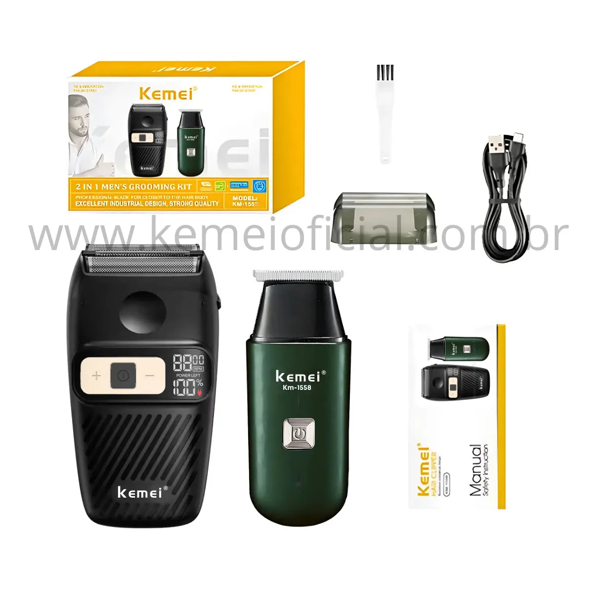Kit 2 em 1 Aparador de Pelos + Barbeador Elétrico 3x velocidades Km-1558 | Kemei ®